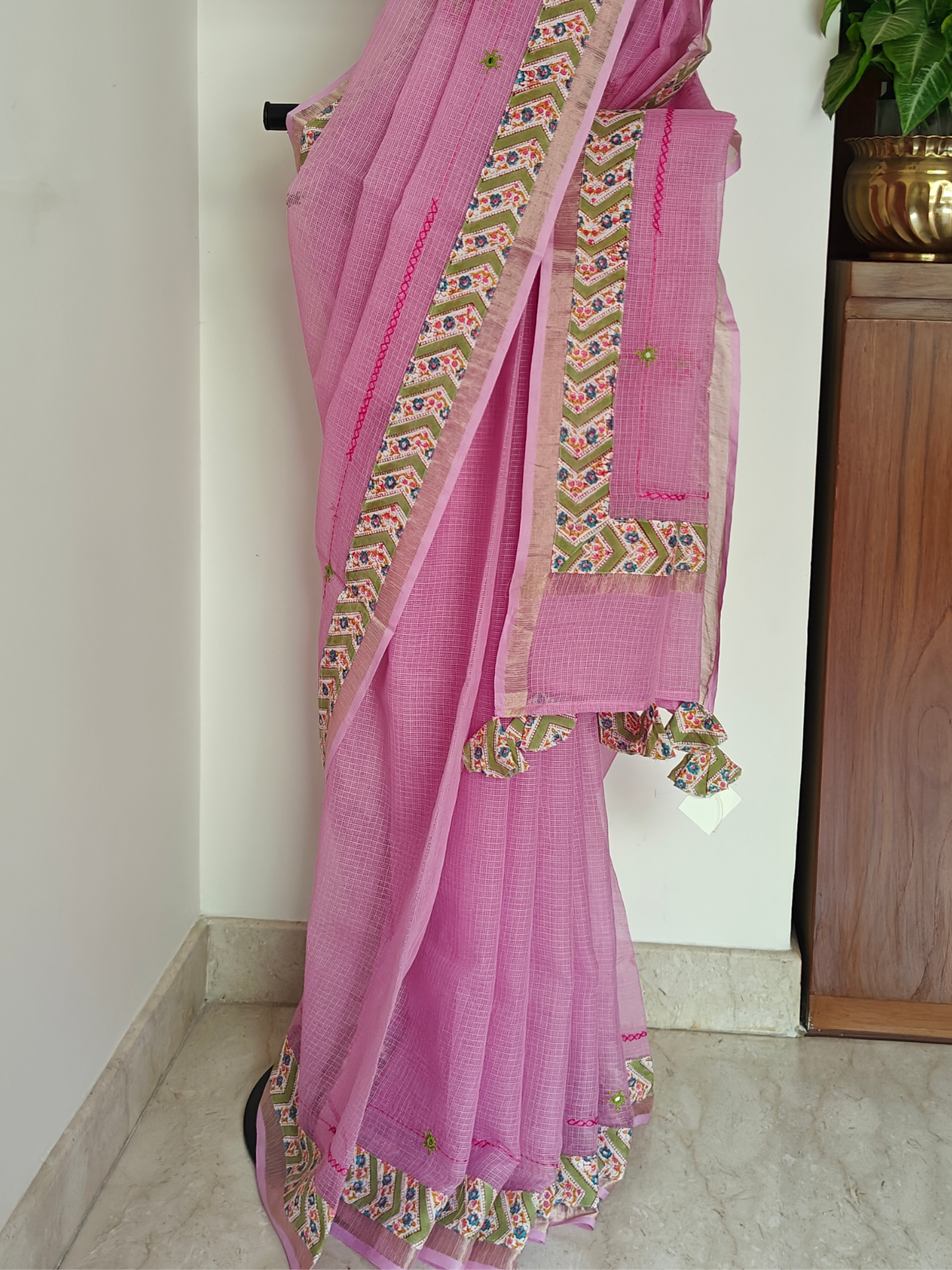 Pink Kota Patchwork Hand Embroidered Saree