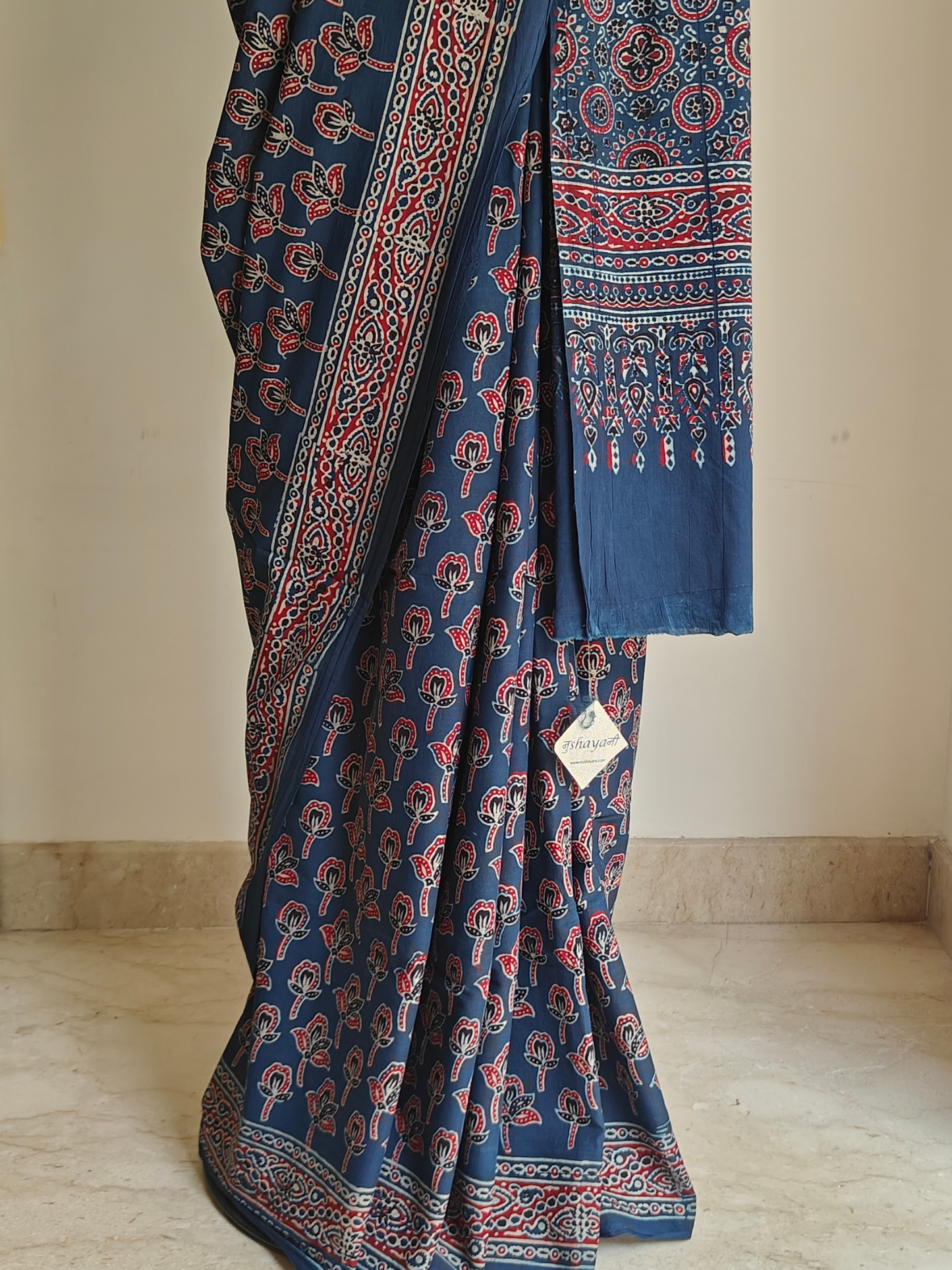 Indigo Ajrakh Handblock Printed Mull Cotton Saree