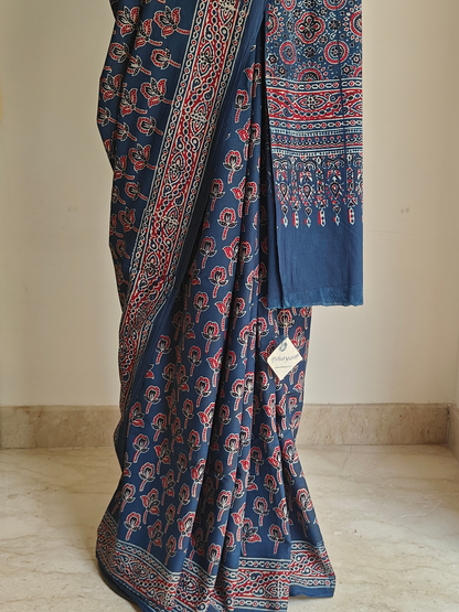 Indigo Ajrakh Handblock Printed Mull Cotton Saree