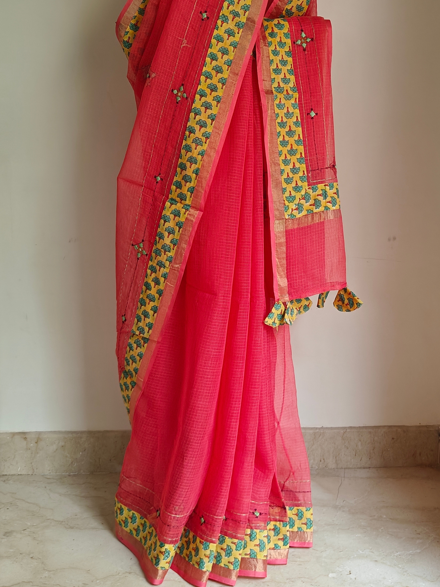 Peach Kota Patchwork Hand Embroidered Saree