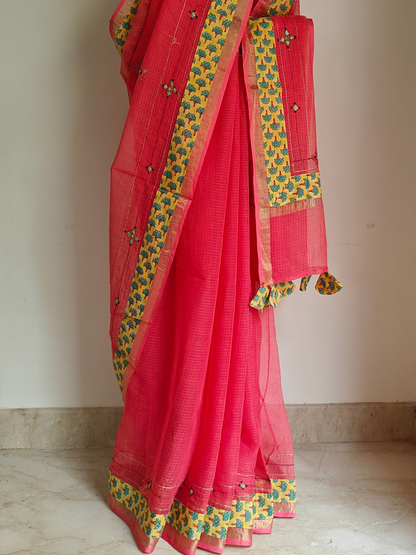 Peach Kota Patchwork Hand Embroidered Saree