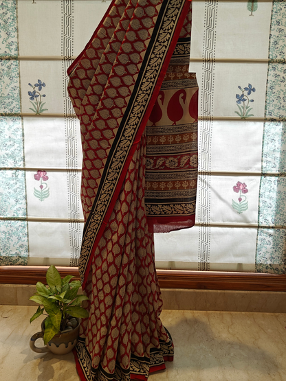 Maroon Bagru Handblock Printed Mull Cotton saree