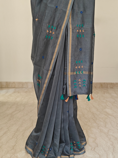 Ash-Grey Silk-Cotton Chanderi Hand-Embroidered Saree