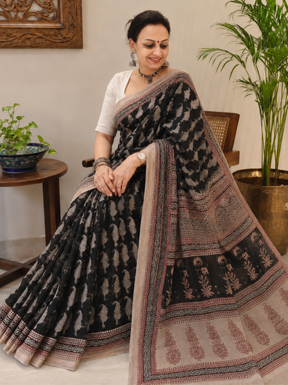 Black Bagh Print Maheshwari Saree