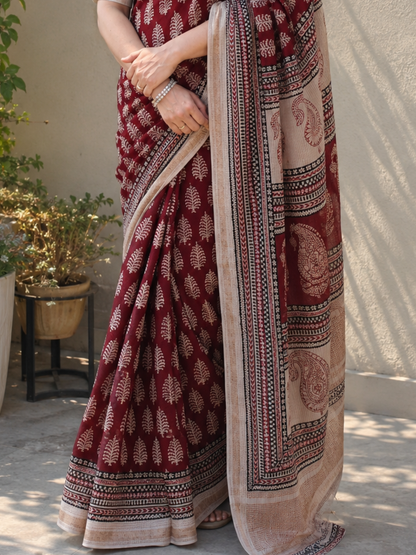 Red Bagh Print Maheshwari Saree
