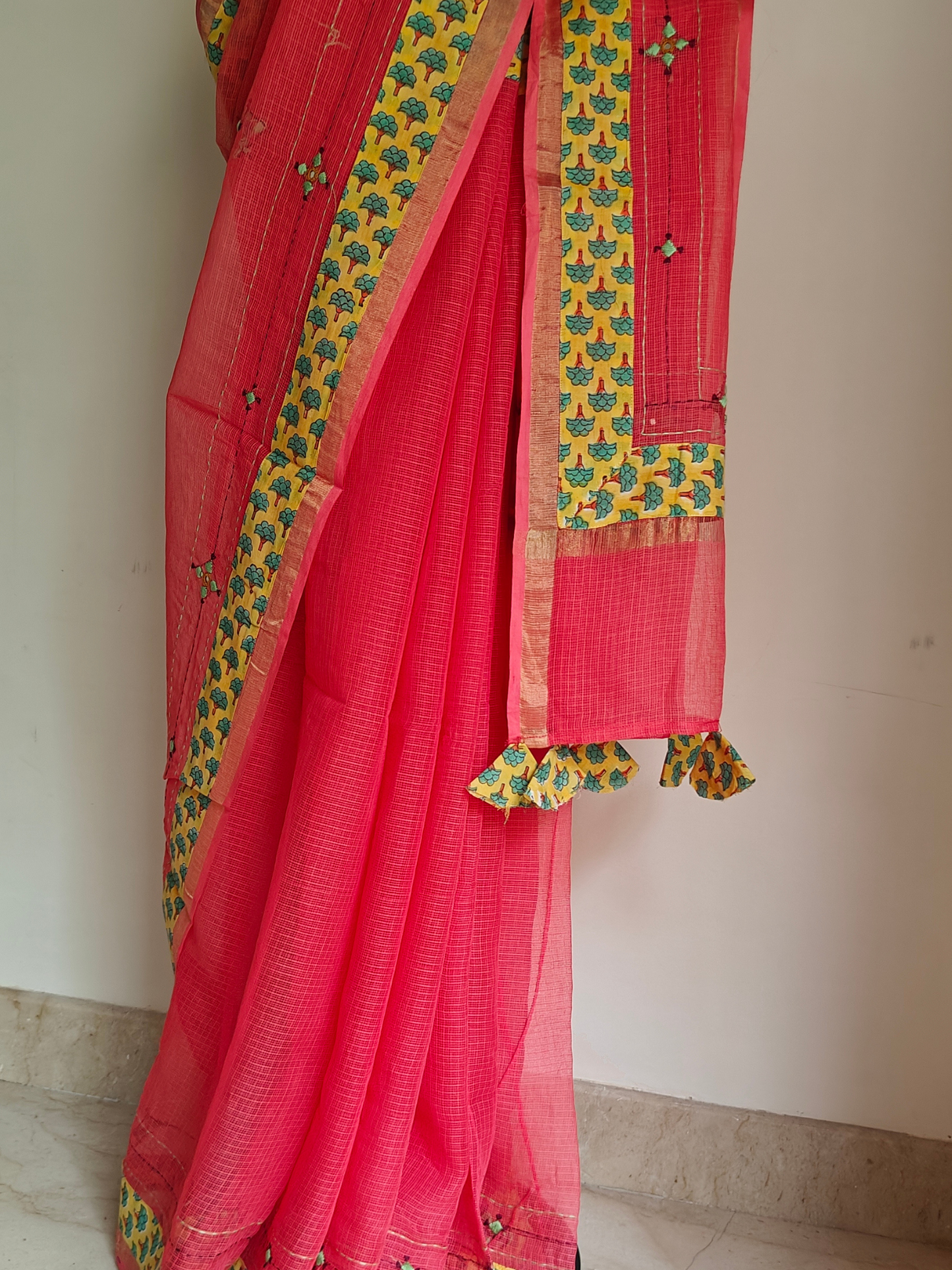 Peach Kota Patchwork Hand Embroidered Saree