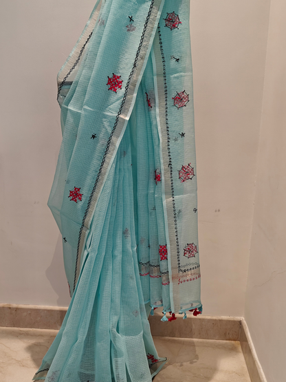 Aqua Blue Kota Hand Embroidered Saree