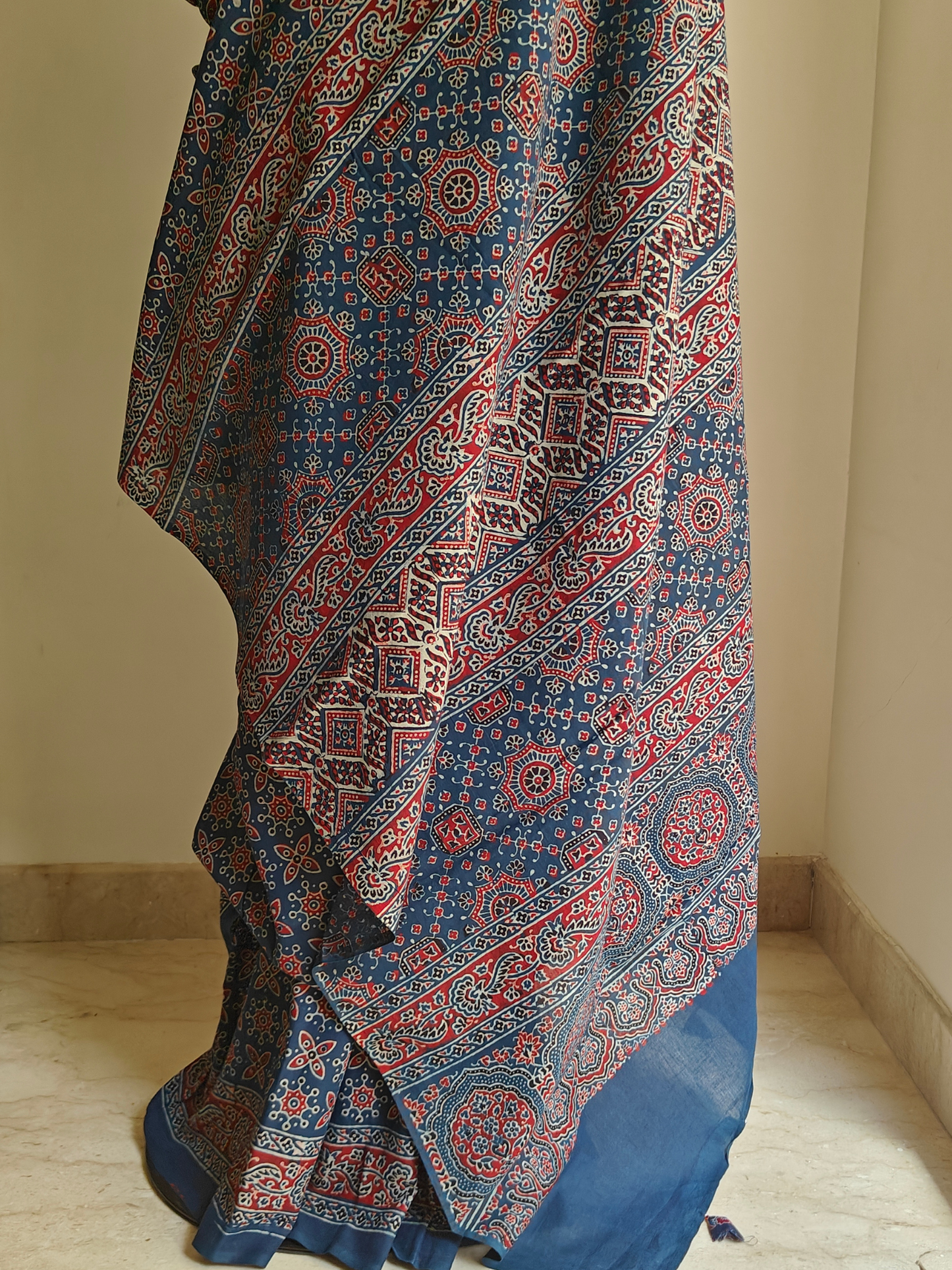 Indigo Ajrakh Handblock Printed Mull Cotton Saree