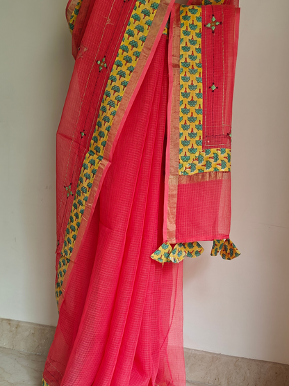 Peach Kota Patchwork Hand Embroidered Saree
