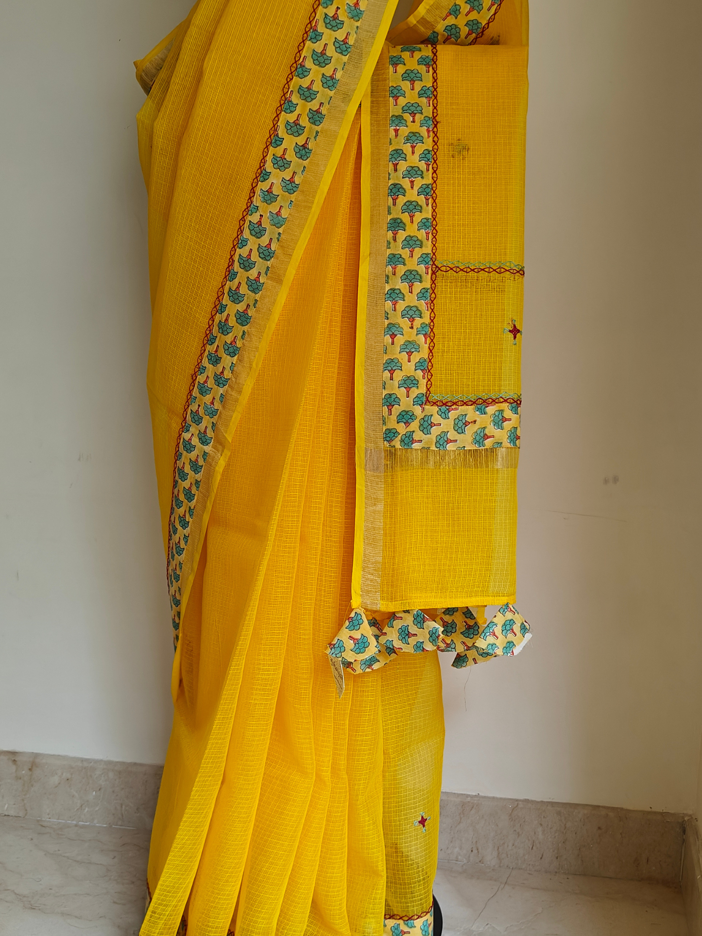 Yellow Kota Patchwork Hand Embroidered Saree