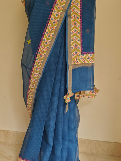 Navy Blue Kota Patchwork Hand Embroidered Saree