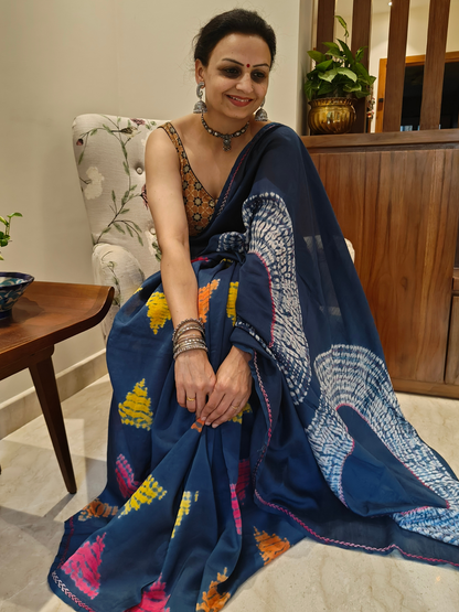 Indigo Shibori Clamp Dyed Handcrafted Saree