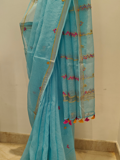 Aqua Blue Kota Hand Embroidered Saree