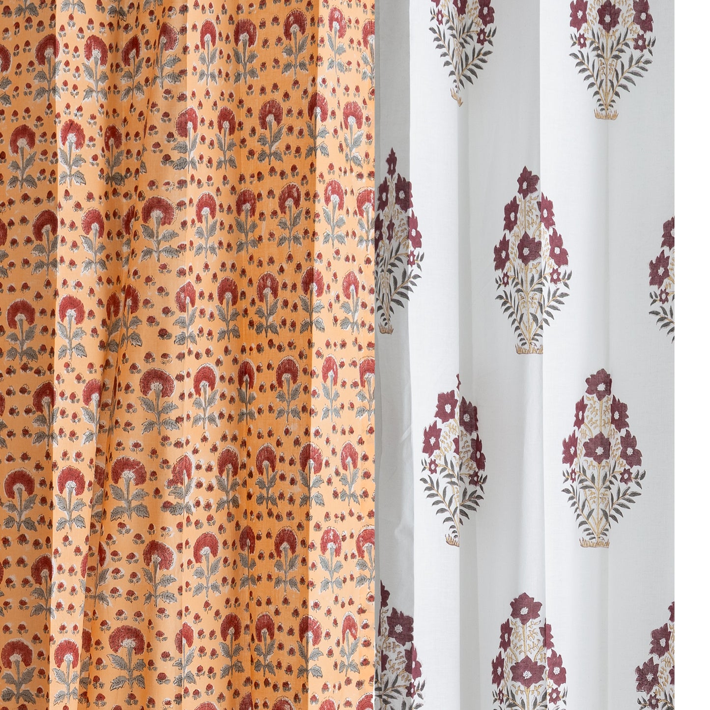 Mustard and Maroon Booti Jaal with Mustard and Maroon Bajra Cotton Handblock Combo (Set of 4 Curtains)