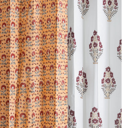 Mustard and Maroon Booti Jaal with Mustard and Maroon Bajra Cotton Handblock Combo (Set of 4 Curtains)