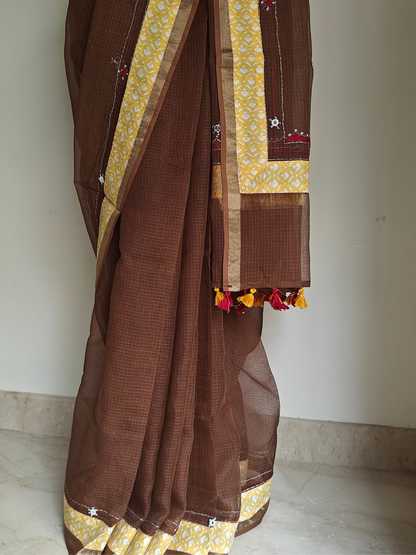 Brown Kota Patchwork Hand Embroidered Saree