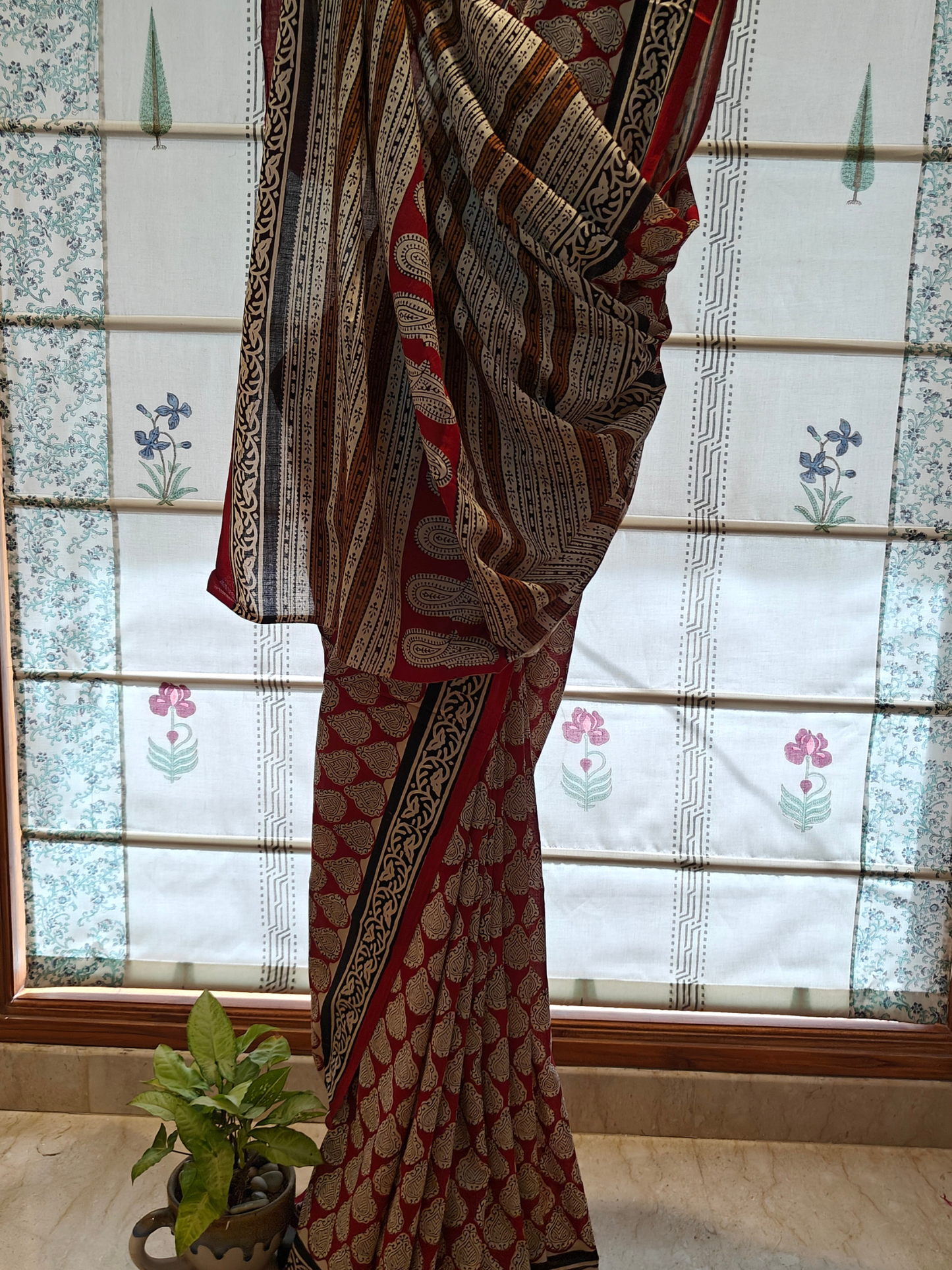 Maroon Bagru Handblock Printed Mull Cotton Saree