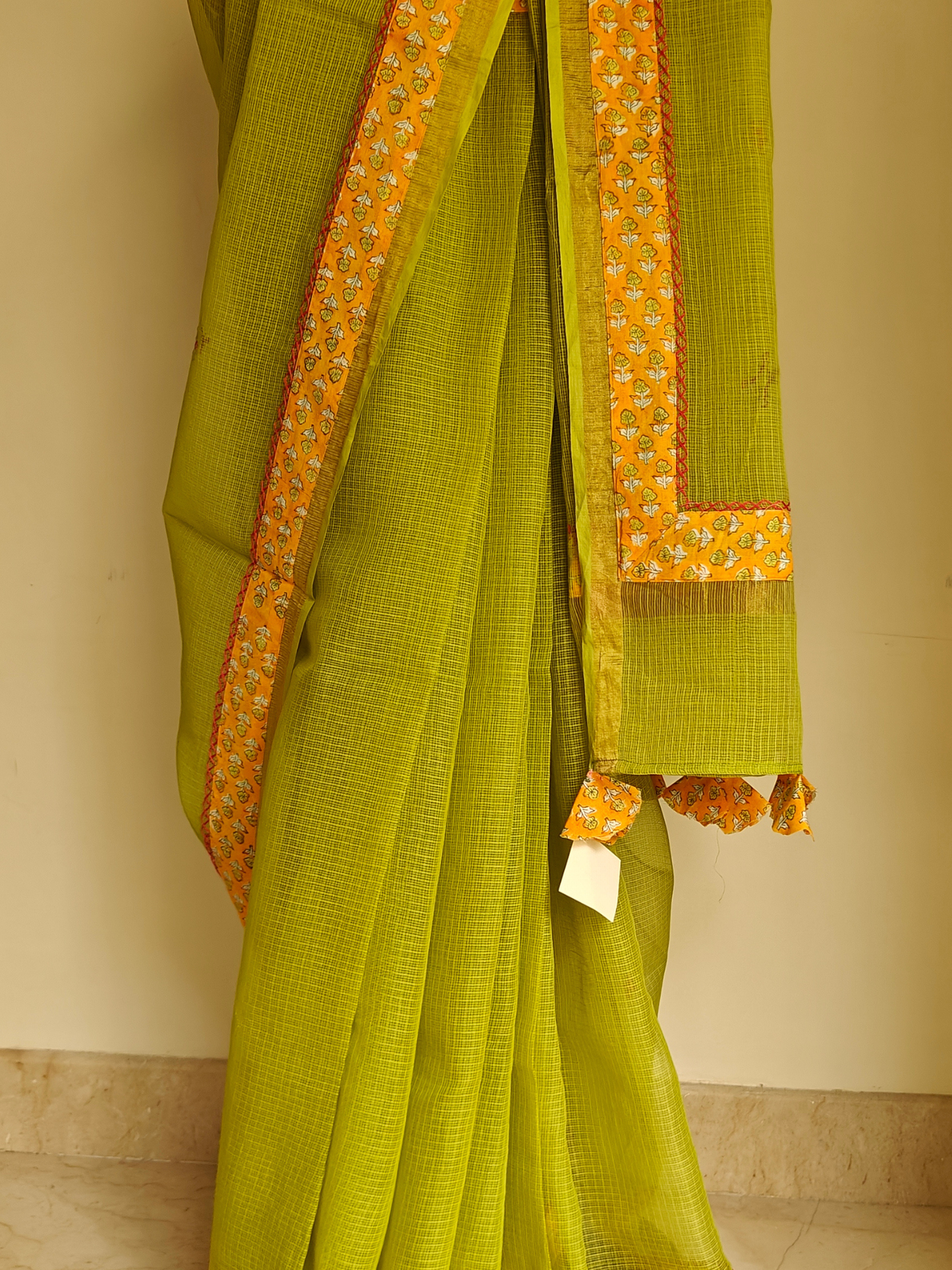 Lime Green Kota Patchwork Hand Embroidered Saree