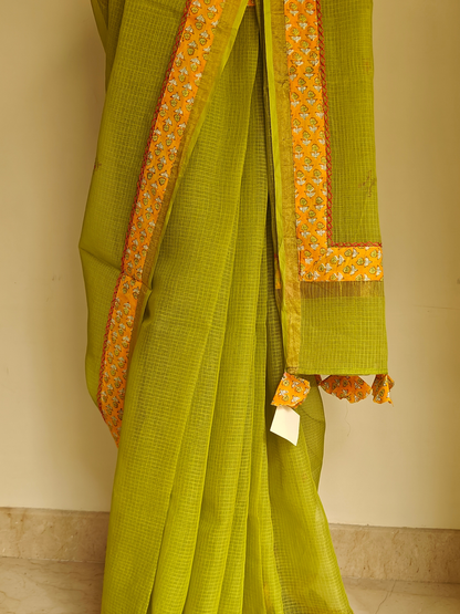Lime Green Kota Patchwork Hand Embroidered Saree