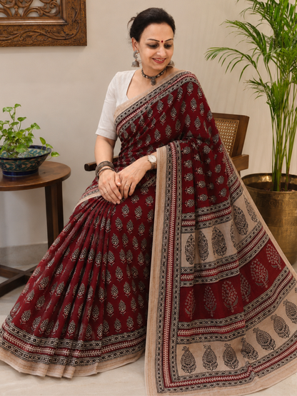 Red Bagh Print Maheshwari Saree