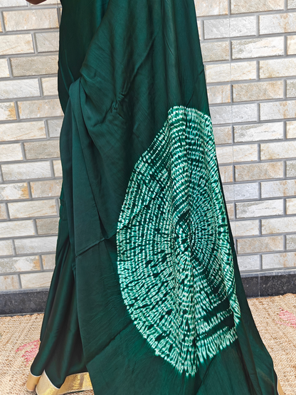 Bottle Green Shibori Pallu Modal Silk Cocktail Saree