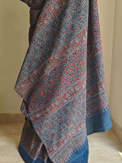 Indigo Ajrakh Handblock Printed Mull Cotton Saree