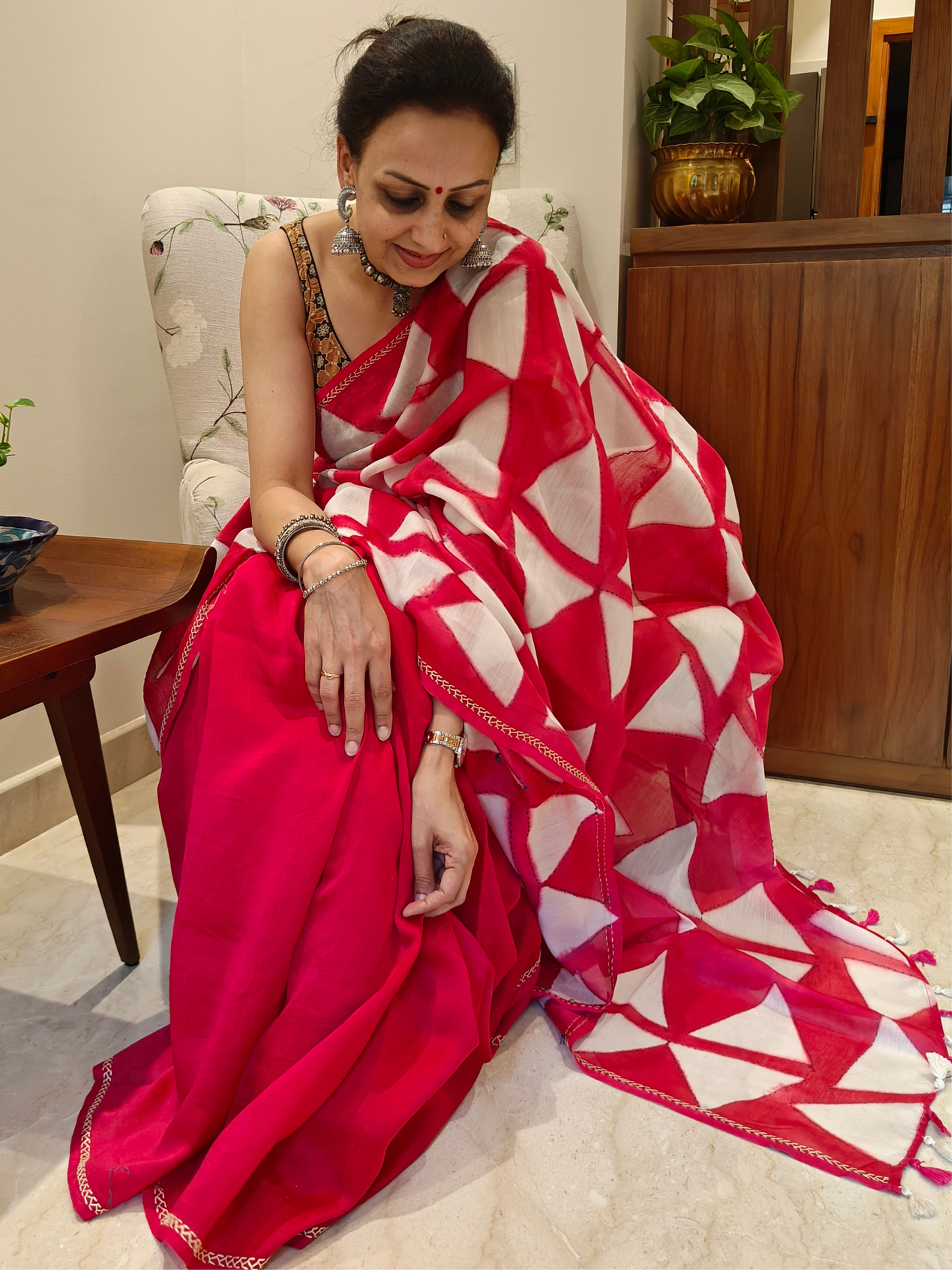 Red Shibori Clam Dyed Handcrafted Saree