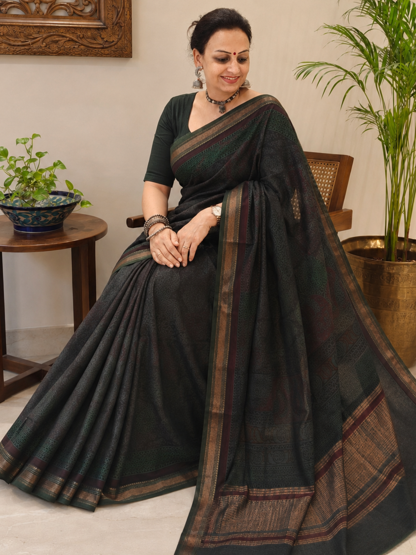 Green Bagh Print Maheshwari Saree