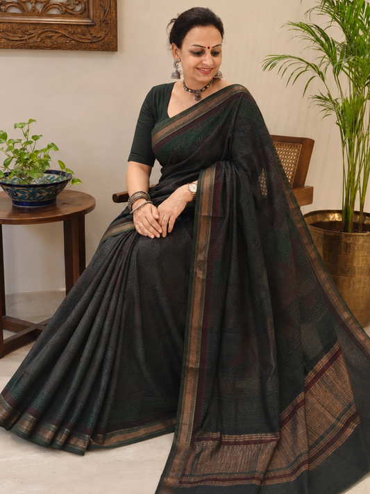 Green Bagh Print Maheshwari Saree