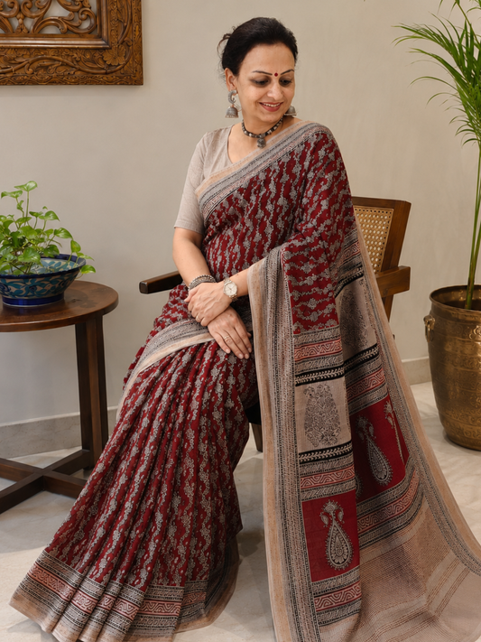 Red Bagh Print Maheshwari Saree