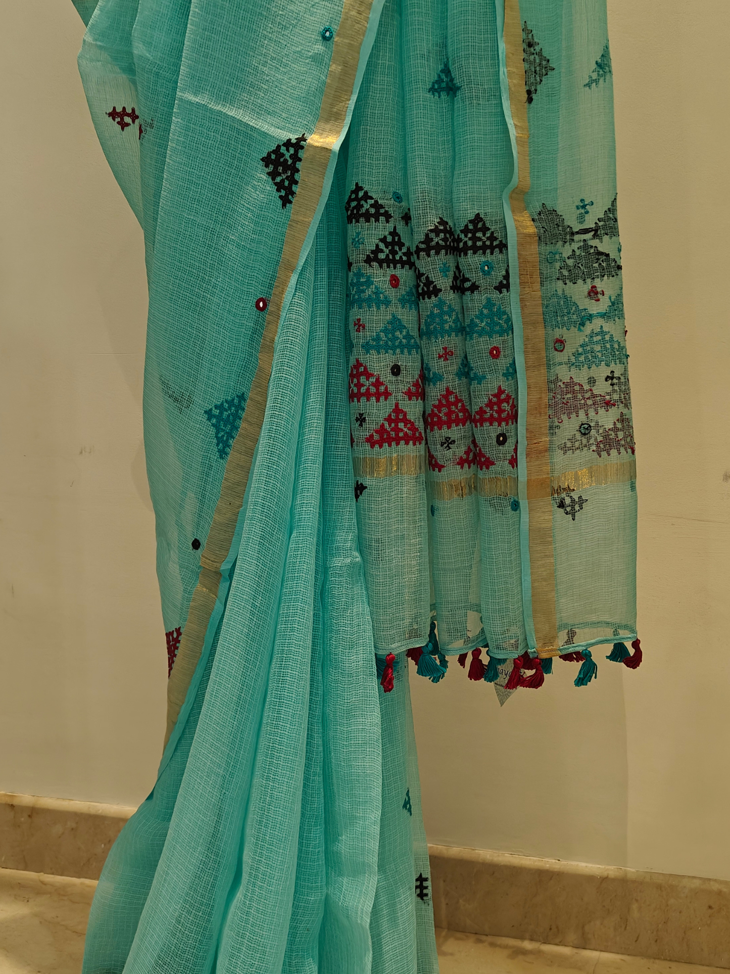 Aqua Blue Kota Hand Embroidered Saree