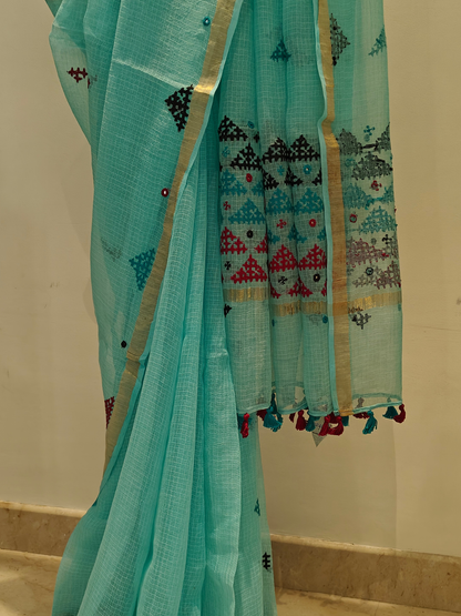 Aqua Blue Kota Hand Embroidered Saree
