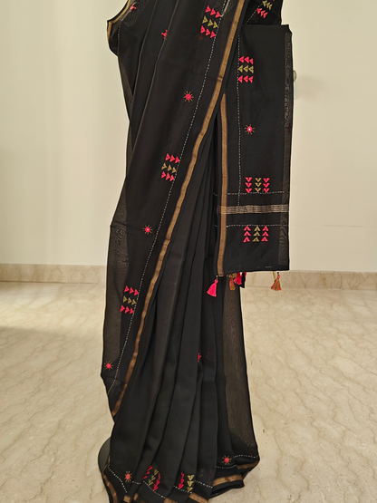 Black Silk-Cotton Chanderi Hand-Embroidered Saree