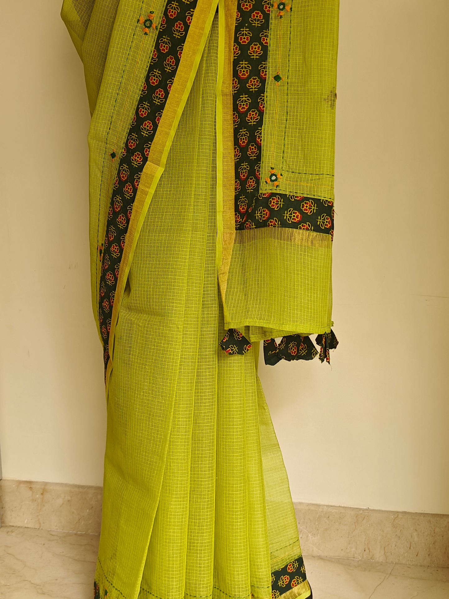 Lime Green Kota Patchwork Hand Embroidered Saree
