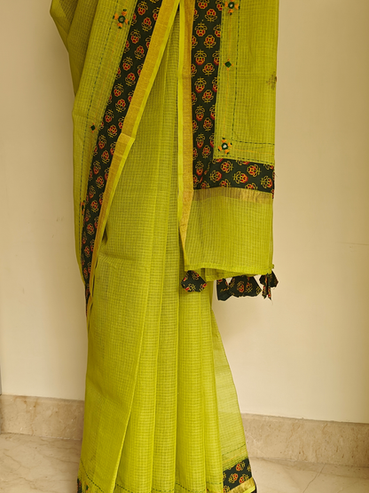 Lime Green Kota Patchwork Hand Embroidered Saree