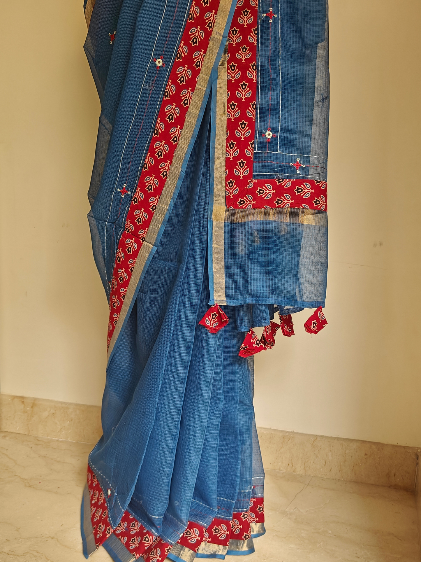 Navy Blue Kota Patchwork Hand Embroidered Saree
