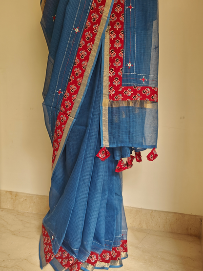 Navy Blue Kota Patchwork Hand Embroidered Saree