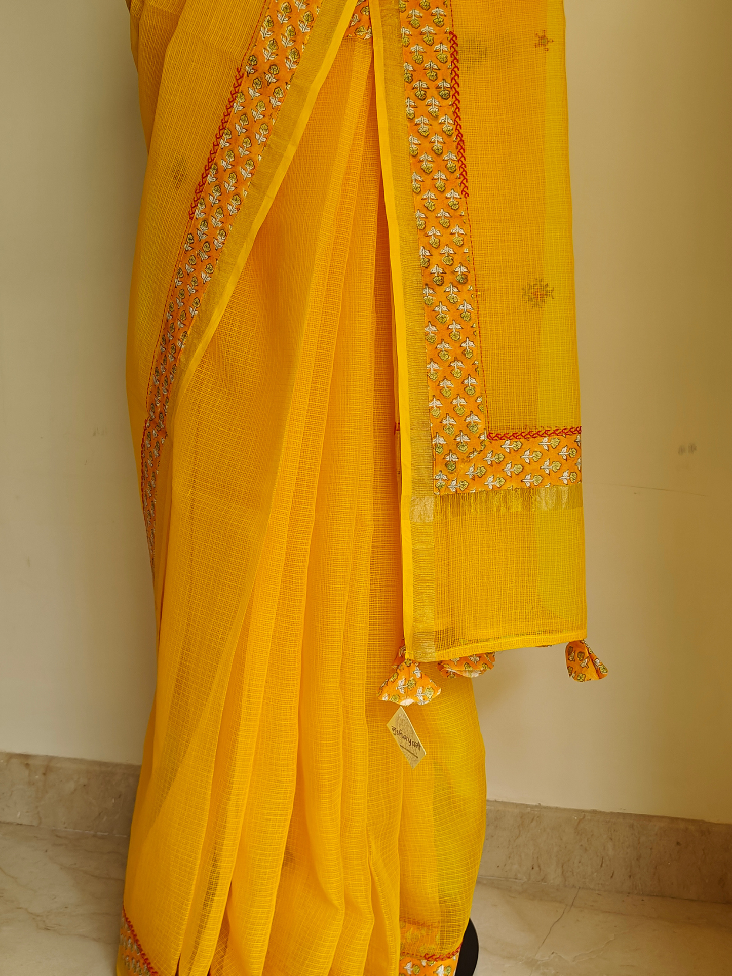 Yellow Kota Patchwork Hand Embroidered Saree
