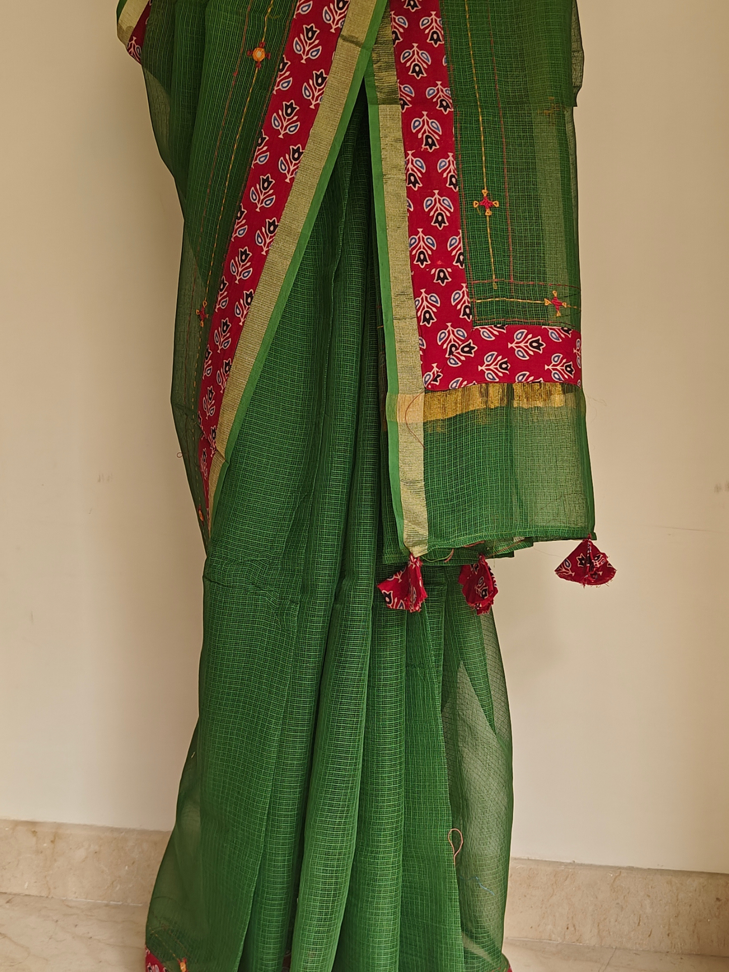 Green Kota Patchwork Hand Embroidered Saree