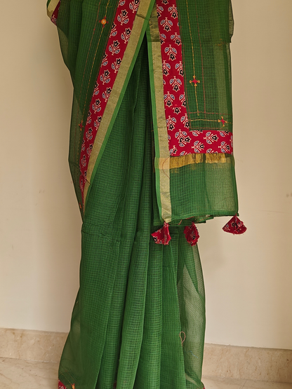 Green Kota Patchwork Hand Embroidered Saree