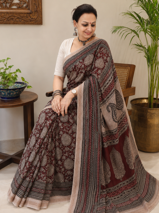 Red Bagh Print Maheshwari Saree