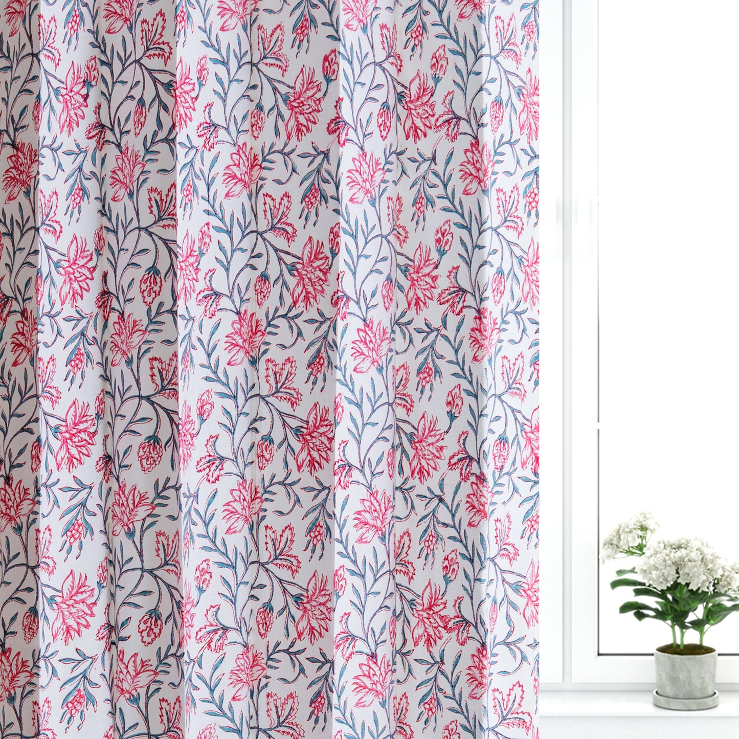 Pink Skyblue Jaal Cotton Handblock Curtain (Pair of 2 Curtains)