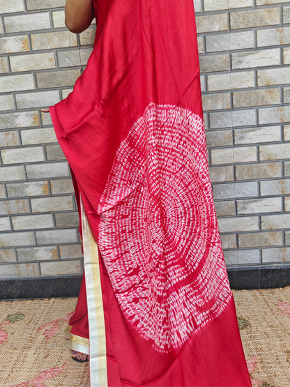 Tomato Red Shibori Pallu Modal Silk Cocktail Saree
