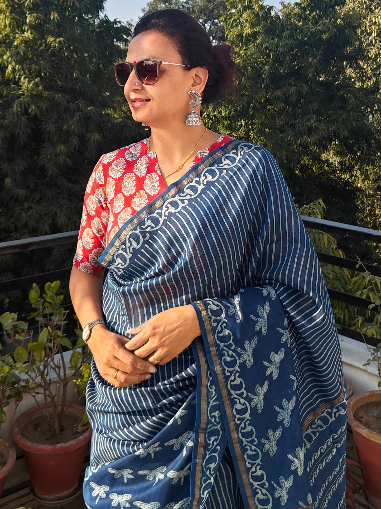 Indigo Dabu Handblock Print Chanderi Saree