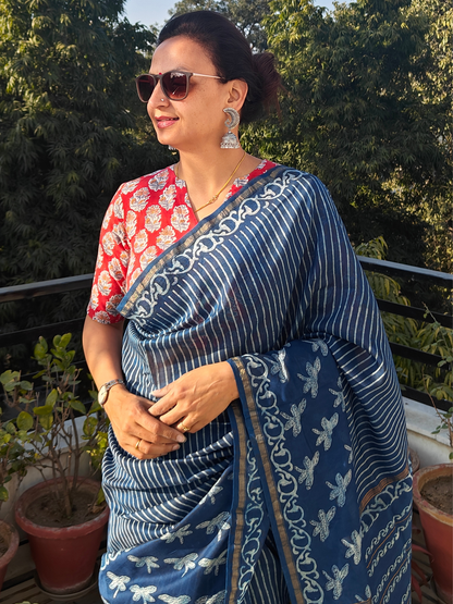 Indigo Dabu Handblock Print Chanderi Saree