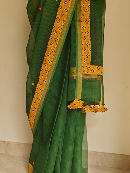 Green Kota Patchwork Hand Embroidered Saree