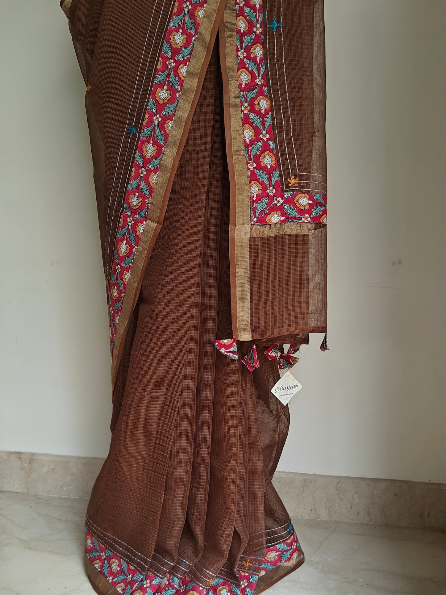 Brown Kota Patchwork Hand Embroidered Saree