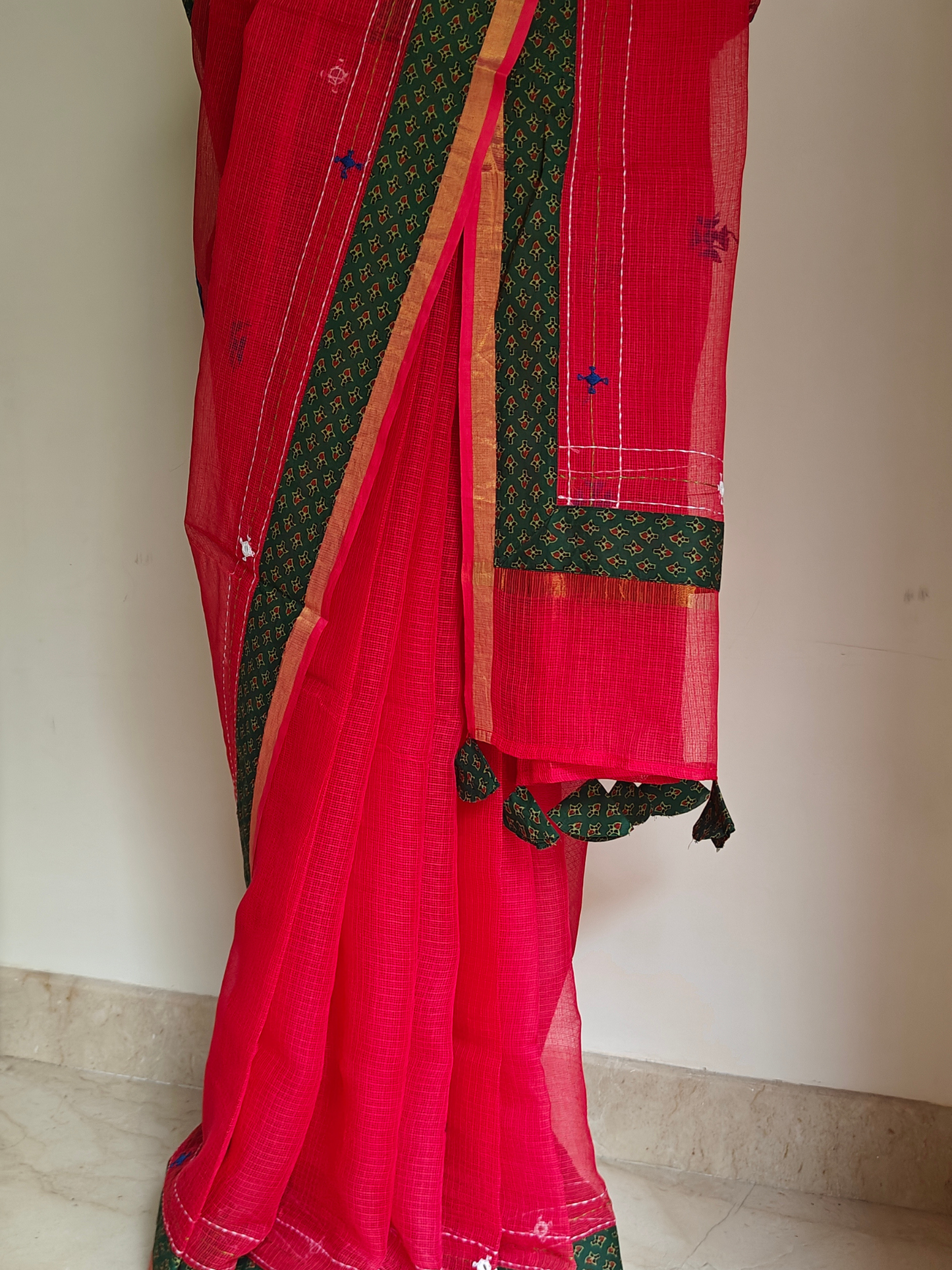 Red Kota Patchwork Hand Embroidered Saree