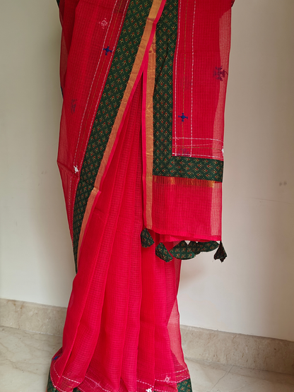 Red Kota Patchwork Hand Embroidered Saree