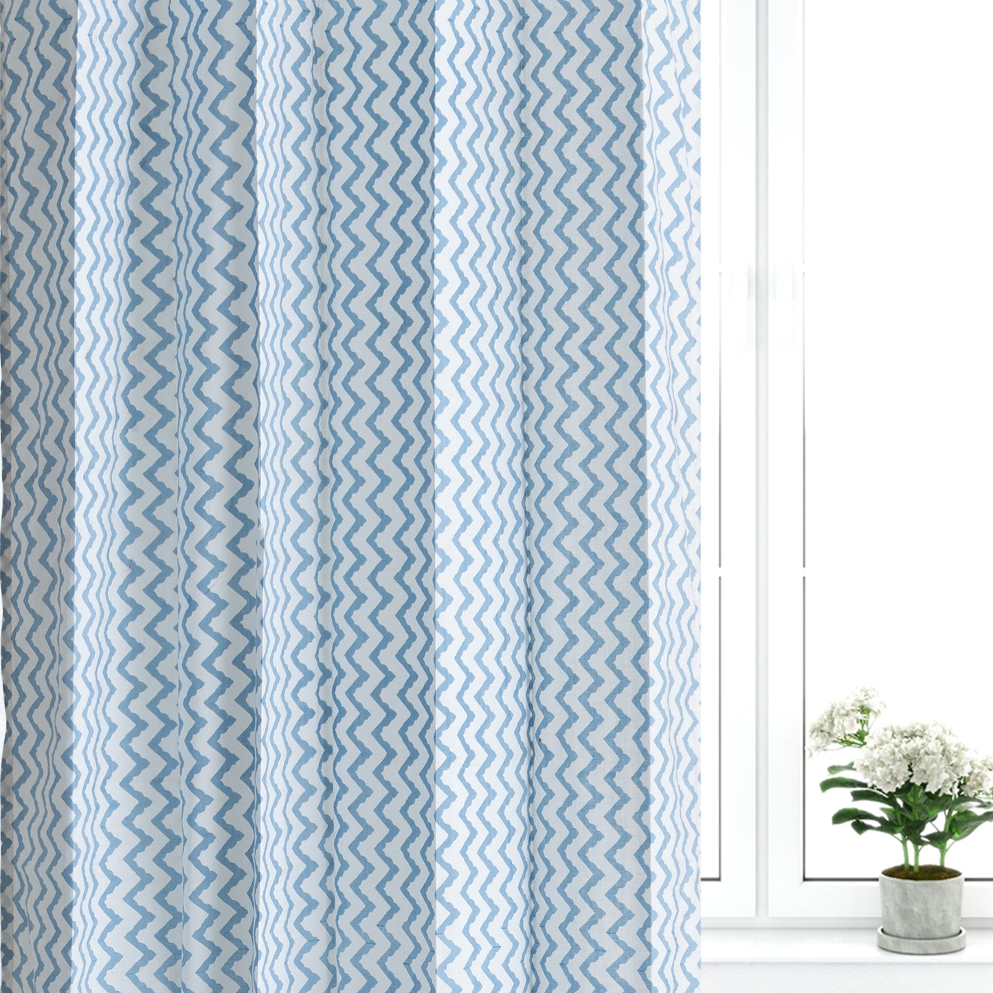 Sky Blue Zigzag Cotton Handblock Curtain (Pair of 2 Curtains)